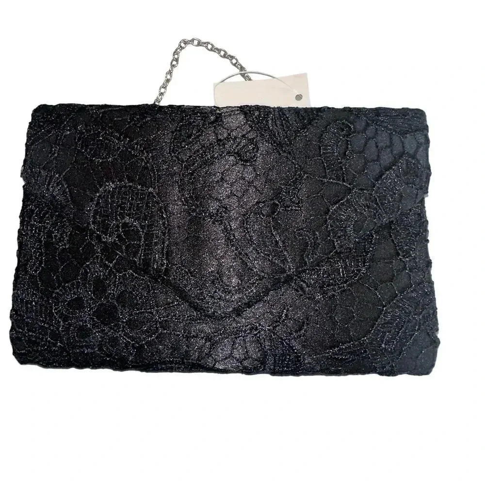 Black Lace slim evening handbag/clutch with removable silver chain link straps